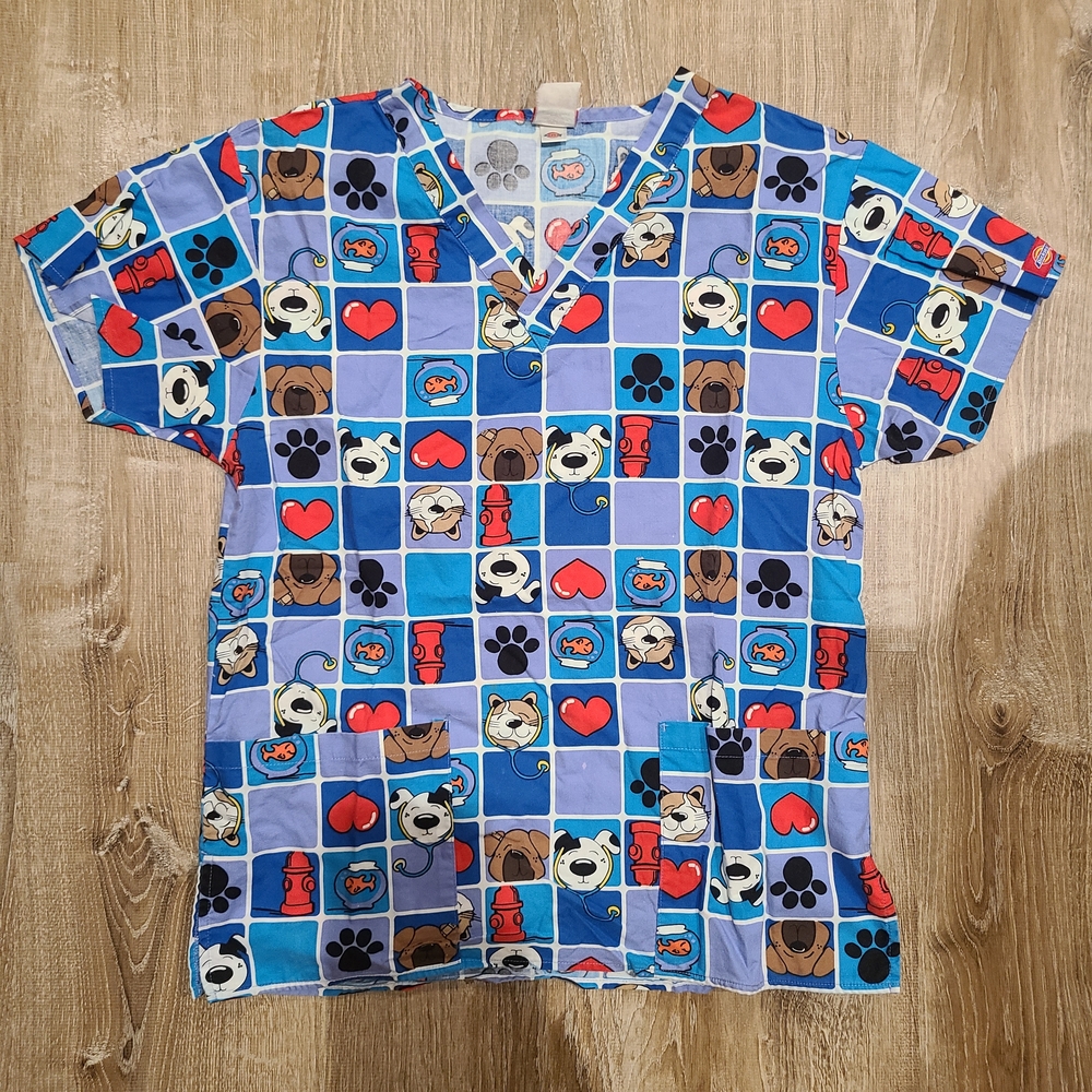 Women's Dickies Scrub Top Dog/Cat/Fish/Hearts/Fire Hydrant/Paw Print Design S